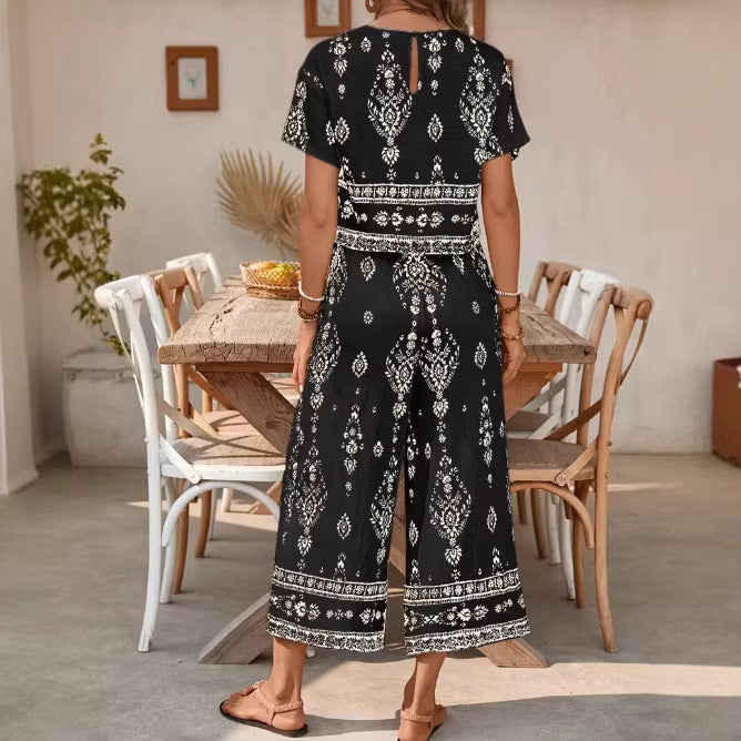 Women's Ethnic Print Two-Piece Crop Top and Straight-Leg Pants Set - Image 3