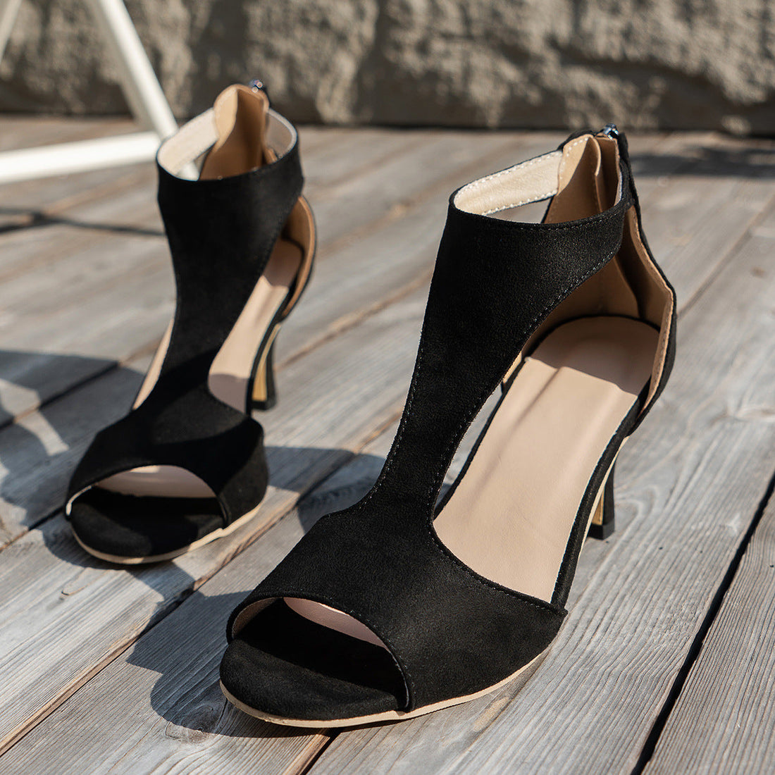 Women's Black Suede Peep Toe Zipper Heels Chic High Heel Sandals