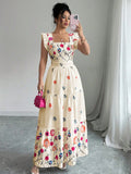 Women’s Puff Sleeve Floral Midi Dress in Cream Multi-Colored Cotton