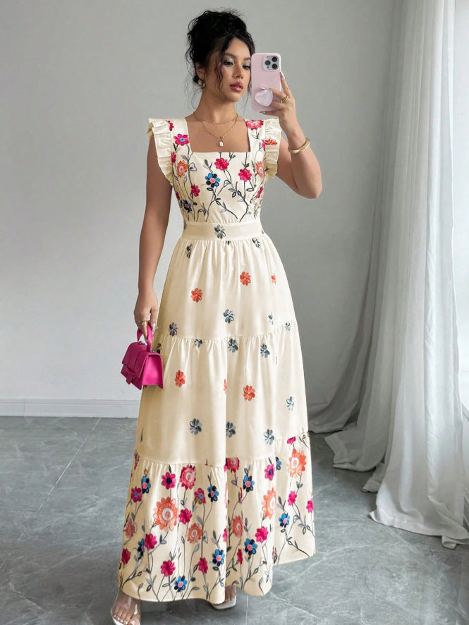 Women’s Puff Sleeve Floral Midi Dress in Cream Multi-Colored Cotton