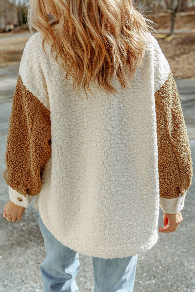 Women's Retro Sherpa Color Block Jacket with Collared Neck