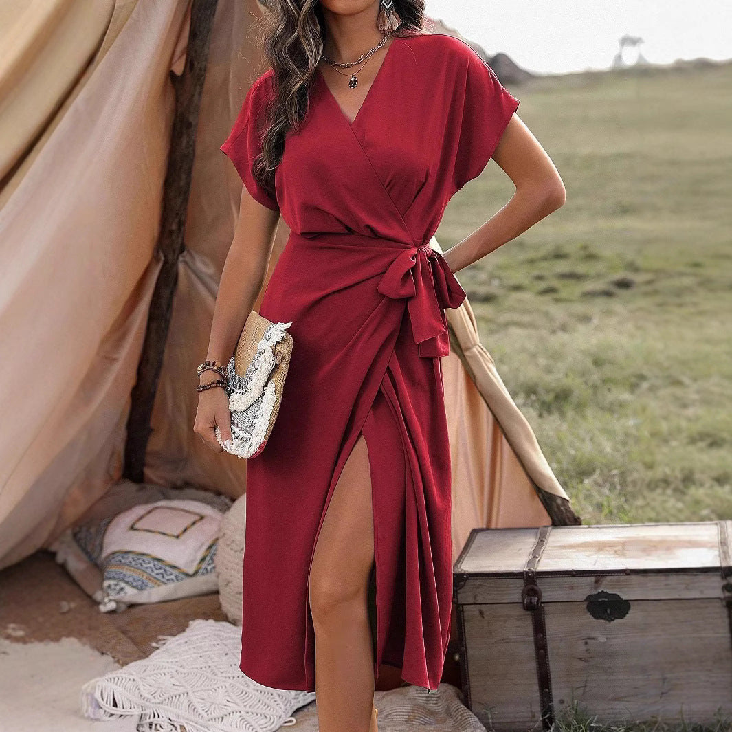 Minimalist Wrap Suspender Dress Asymmetric Hem Commuter Midi