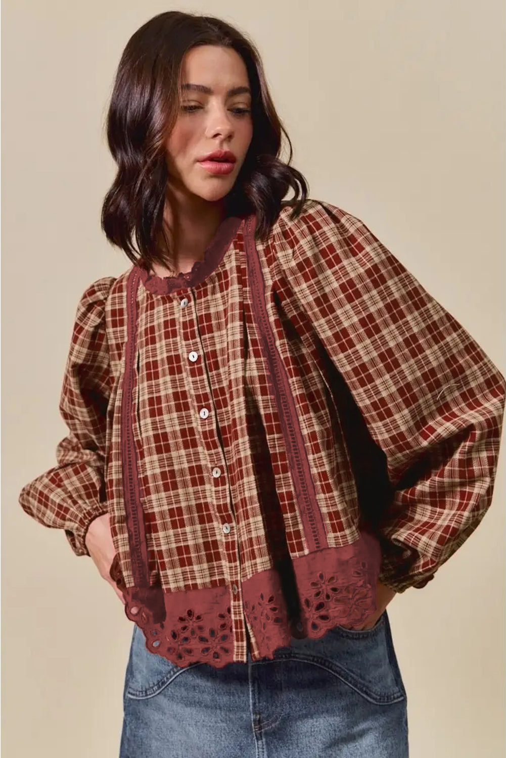 Red Dahlia Plaid Eyelet Lace Trim Button Down Shirt