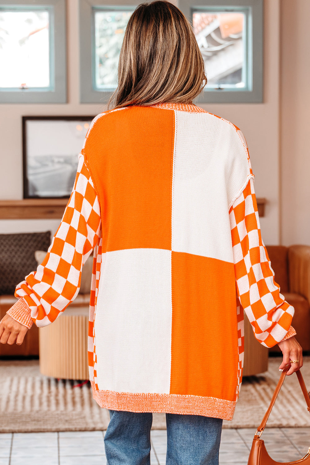 Wrenley Orange White Checkered Open Front Drop Shoulder Cardigan - Image 2