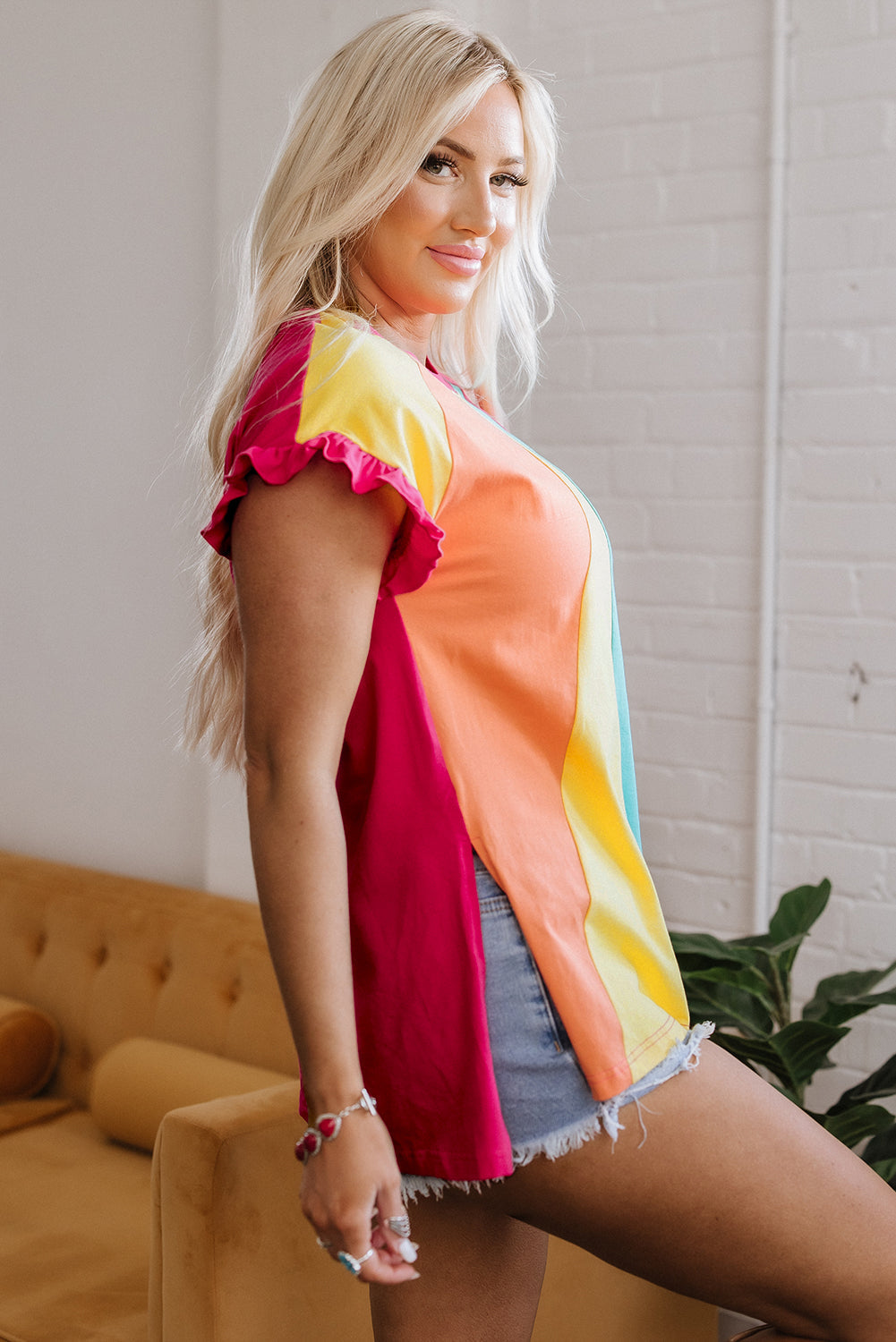 Rose Red Color Block Ruffled Crew Neck Loose Fit T-Shirt