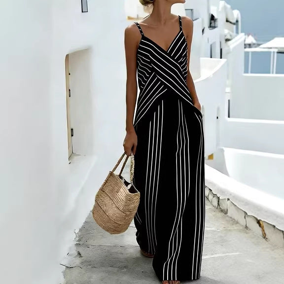 Women's Striped V-Neck Sleeveless Two-Piece Set White Black - Image 3