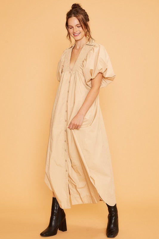 Smocked Puff Sleeve Midi Dress with Feminine Silhouette
