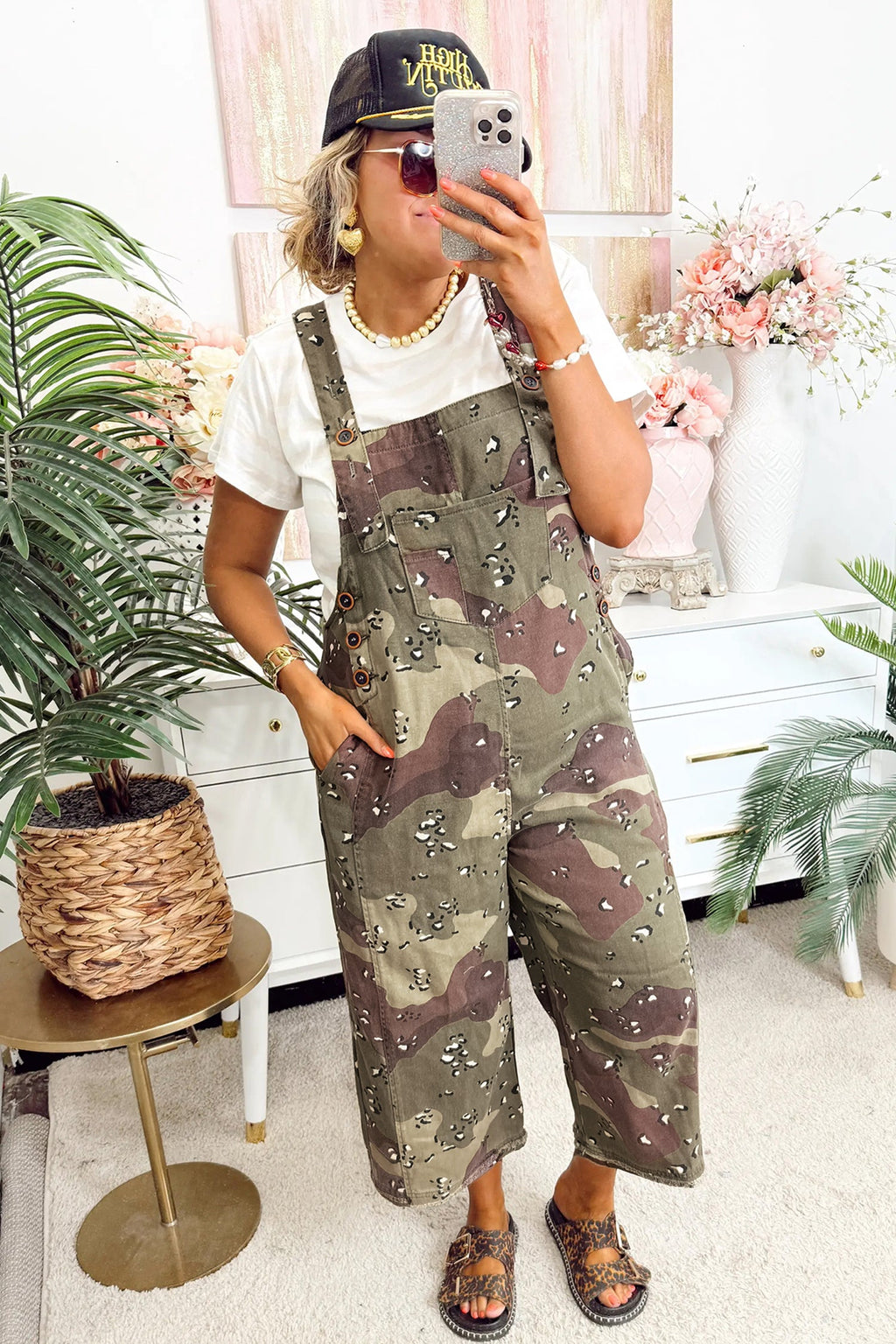 Green Camouflage Leopard Print Loose Denim Cropped Jumpsuit