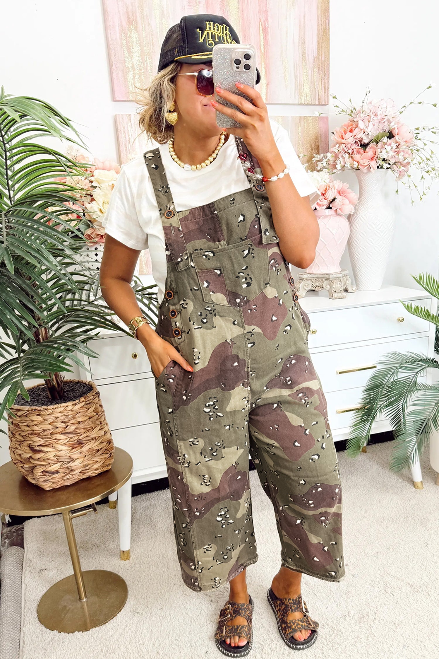 Green Camouflage Leopard Print Loose Denim Cropped Jumpsuit