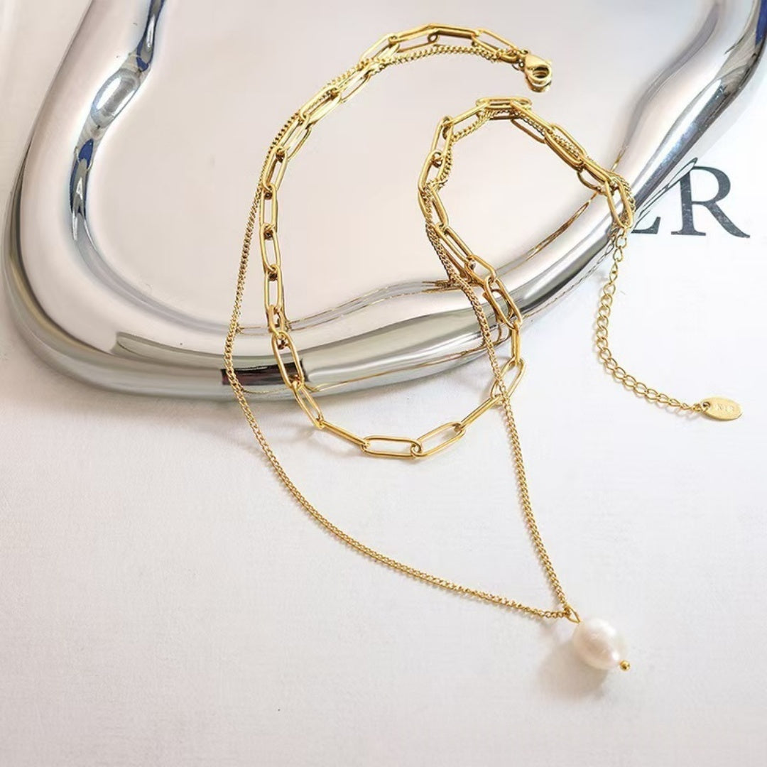 Gold Freshwater Pearl Irregular Chain Necklace Modern Minimalist