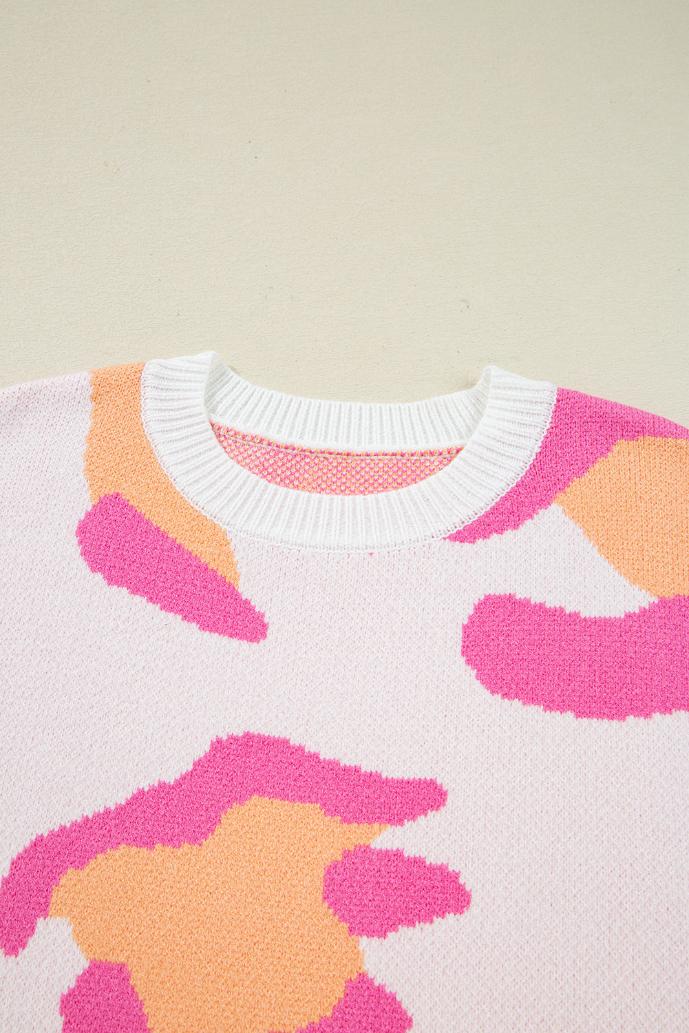Women's Leopard Print Drop Shoulder Sweater in White, Pink, Orange