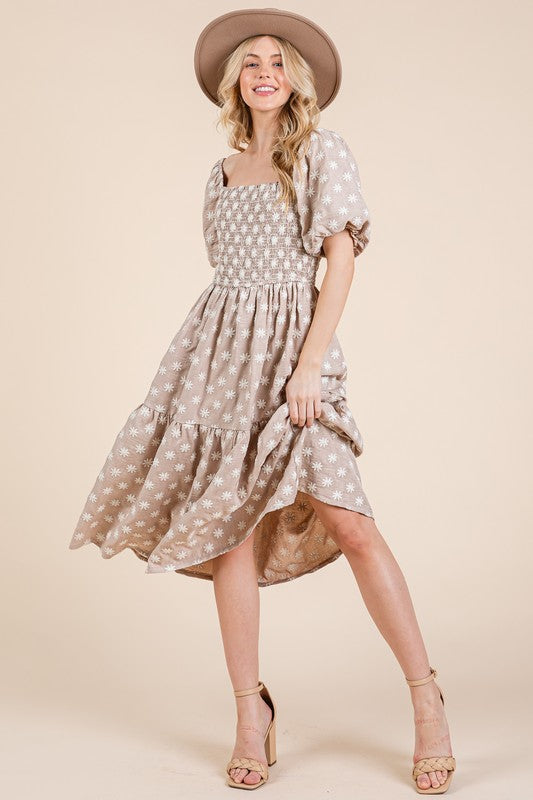 Floral Embroidered Smocked Puff Sleeve Tiered Midi Dress