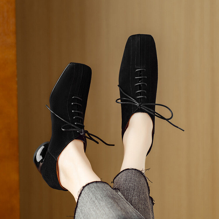 Women's Brown Suede Square Toe Lace-Up Mid Chunky Heel Pumps - Image 4