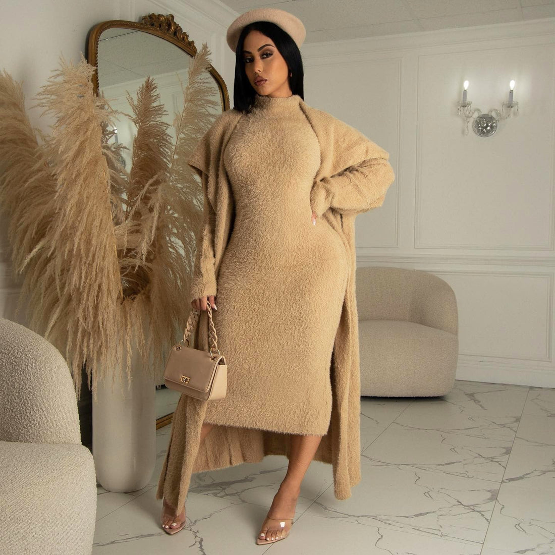 Minimalist Velvet Two-Piece Dress and Long Cardigan Set