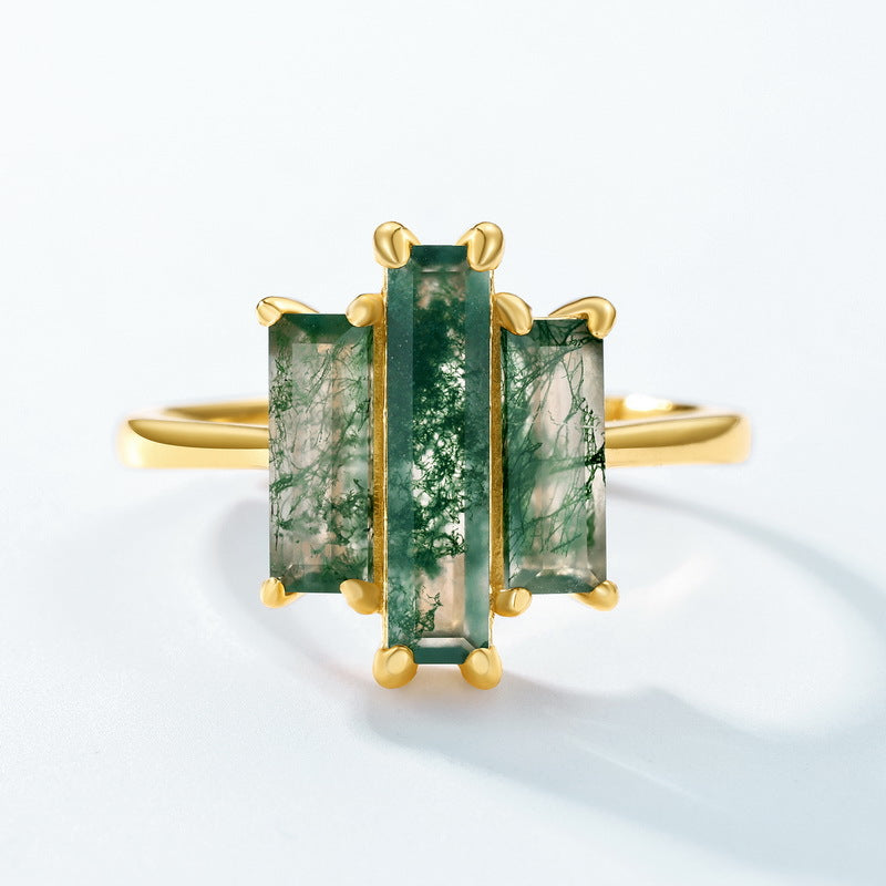 Statement Bold Natural Green Moss Agate Index Finger S925 Silver-Inlaid Aquamarine Agate Ring