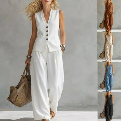Women's Button-Down Vest and Wide-Leg Pants Two-Piece Set - Image 2