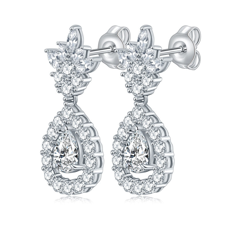 Vera Lux S925 Sterling Silver pear cut moissanite dangle earrings with marquise leaf cluster