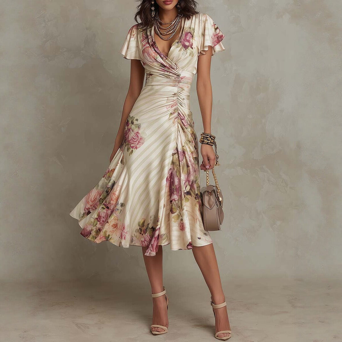 Ruffled Hem Maxi Dress – V-Neck Satin A-Line Color Block Dress