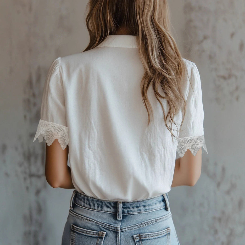 Women's White Lace Trim Puff Sleeve Button Down Blouse - Image 5