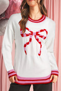White Striped Bow Graphic Drop Shoulder Sweater