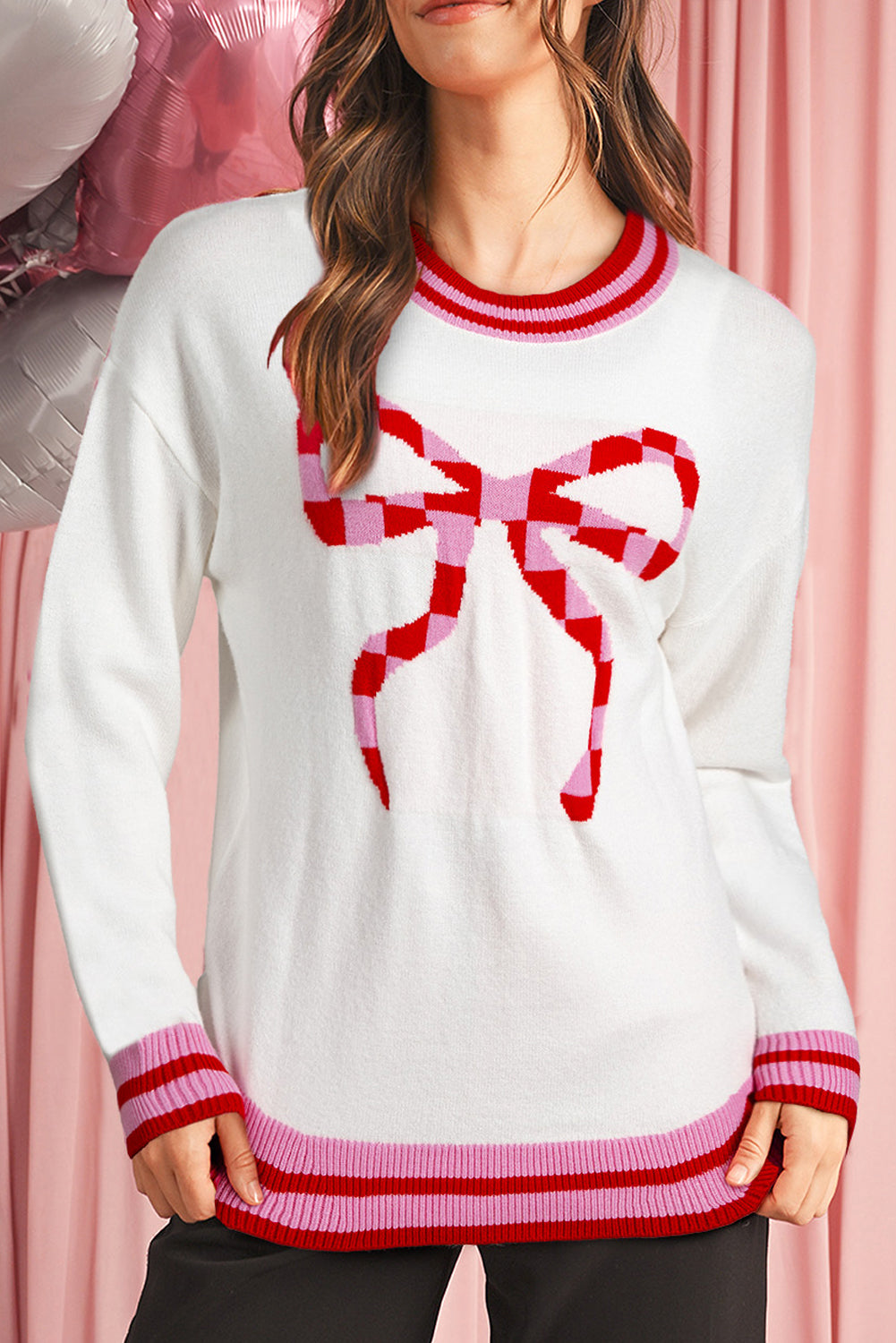 White Striped Bow Graphic Drop Shoulder Sweater