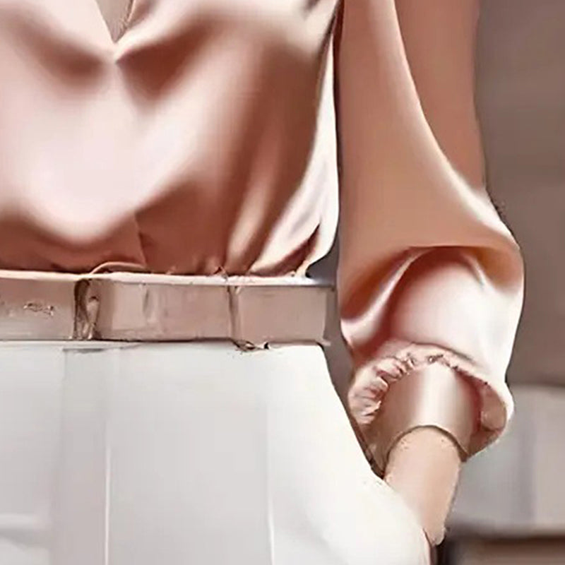Women's Satin V-Neck Long Sleeve Blouse Elegant Slim Fit Top - Image 3