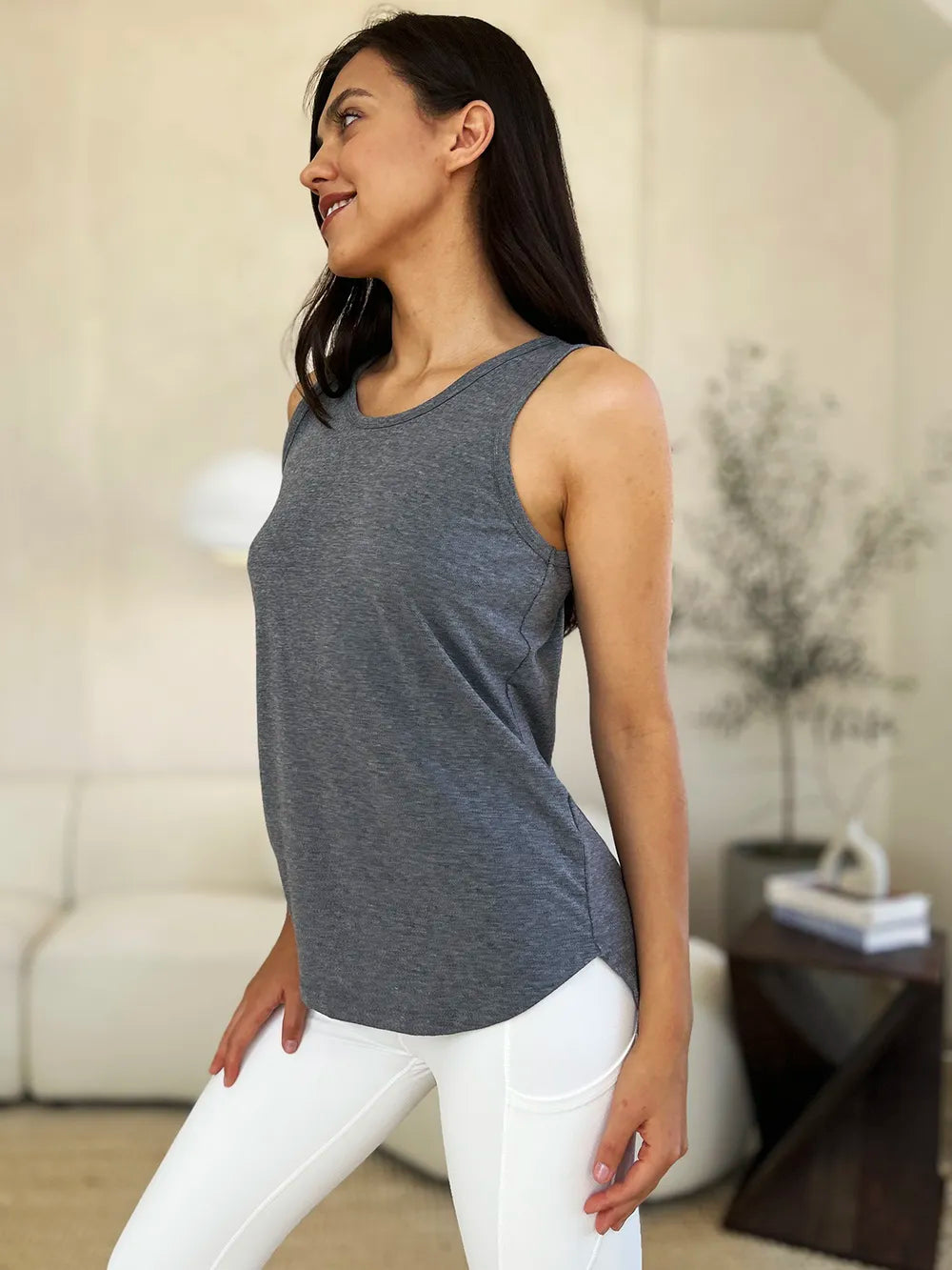 Round Neck Curved Hem Tank Top | Rayon Spandex Knit