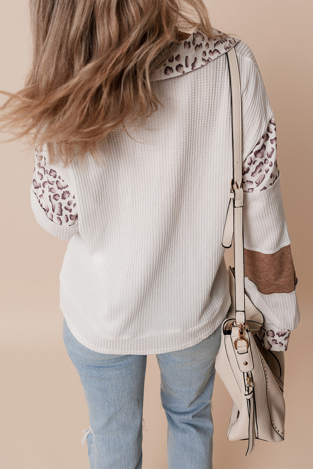 White Rugby Bow Embroidered Leopard Collar Color Block Patchwork Top