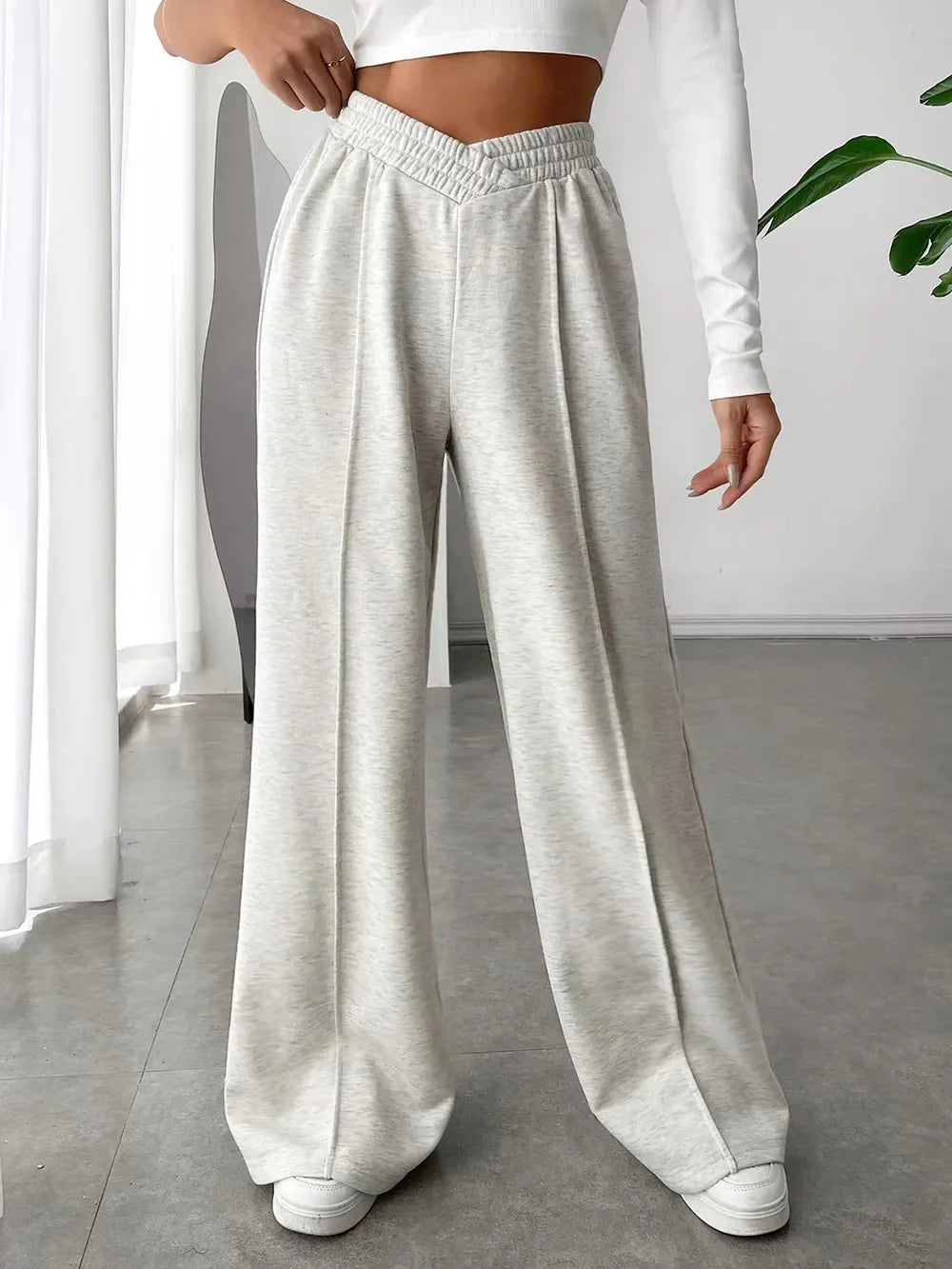 Elastic Waist Wide Leg Pants | Grey Knit Relaxed Fit