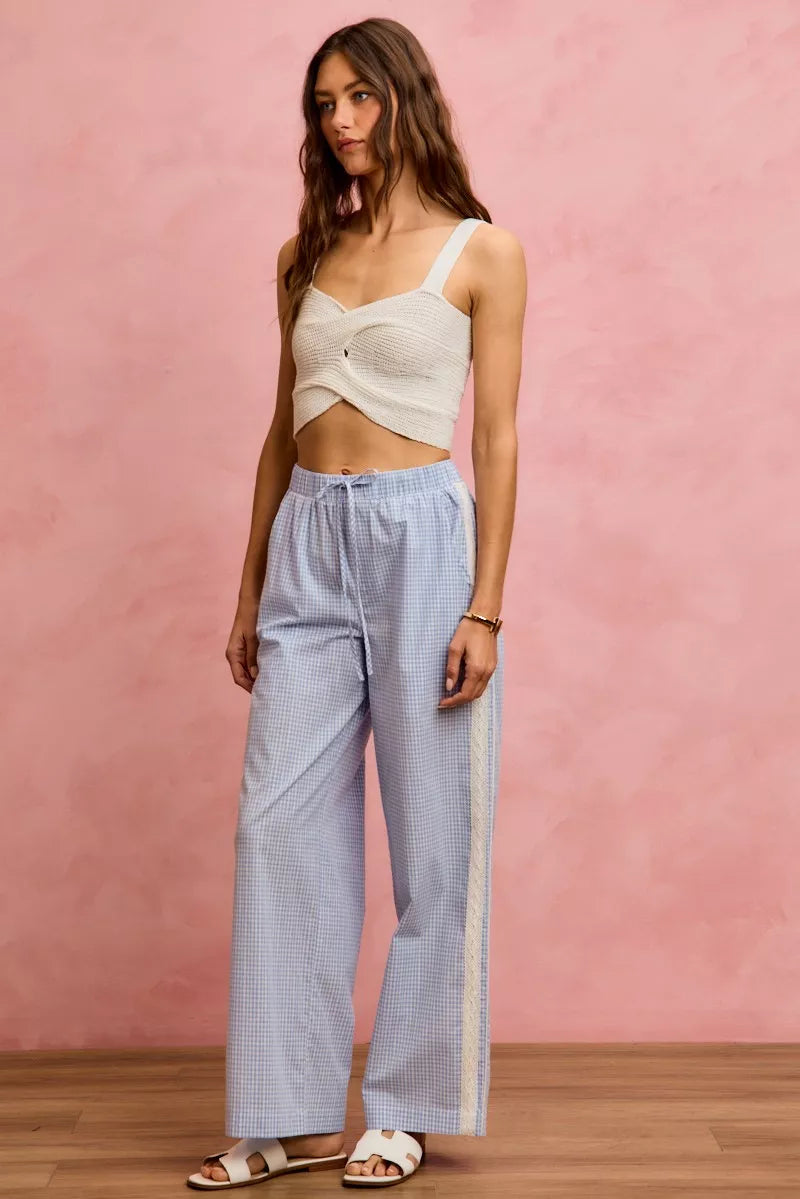 Women's Wide Leg Check Pants with Lace Trim in Light Blue White