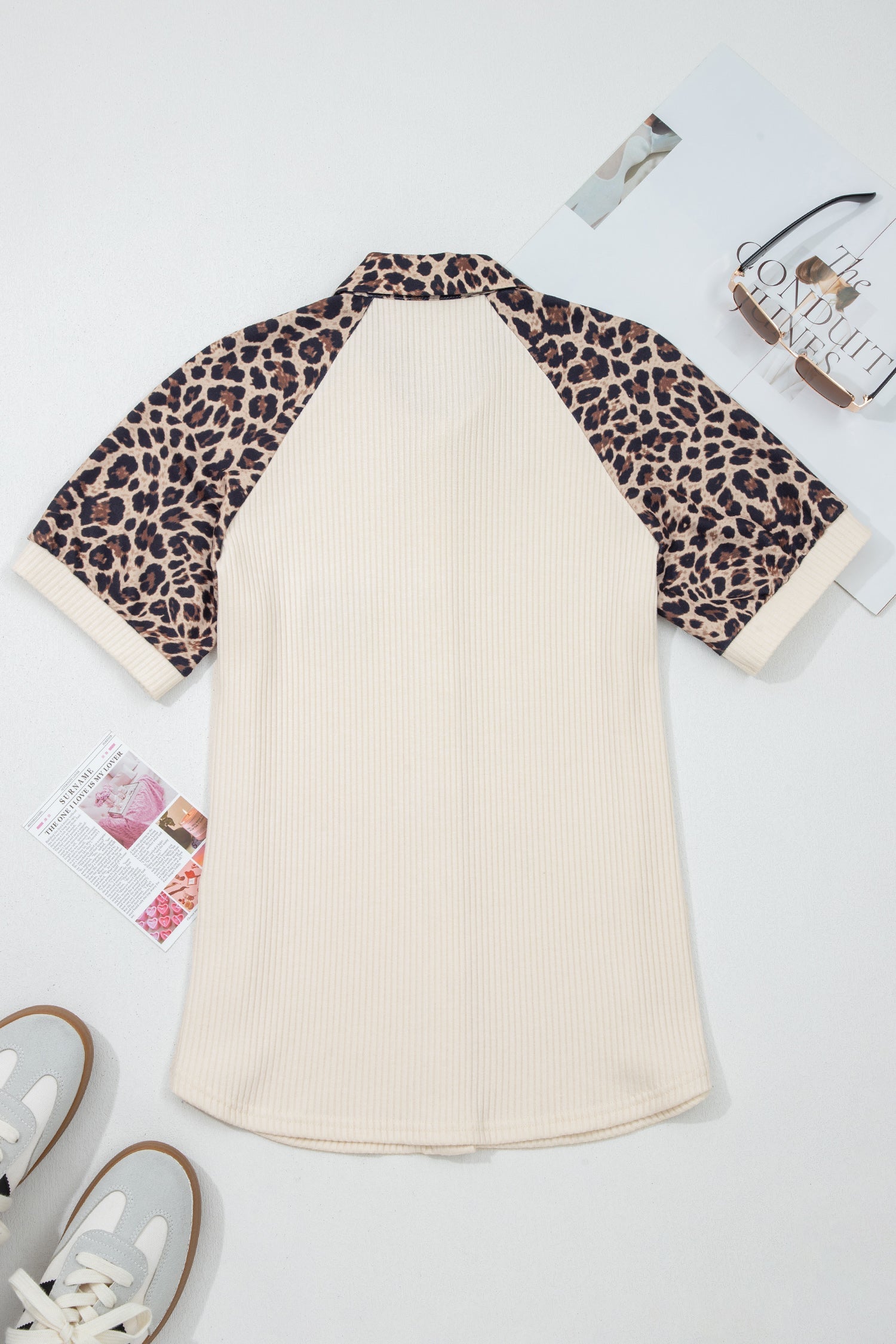 White Ribbed Texture Button Down Shirt with Leopard Patchwork