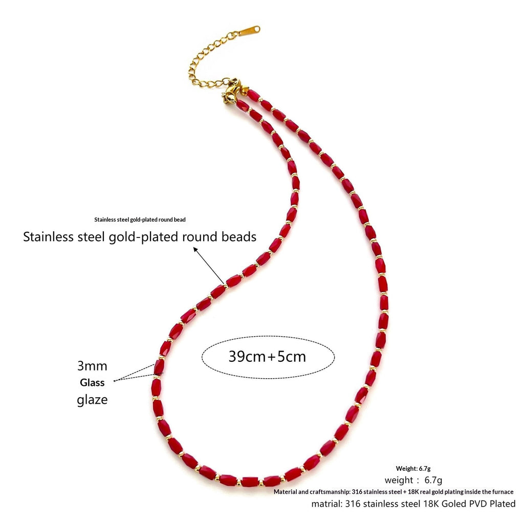 Stainless Steel Heart And Small Fish Enamel Red Bead Necklace