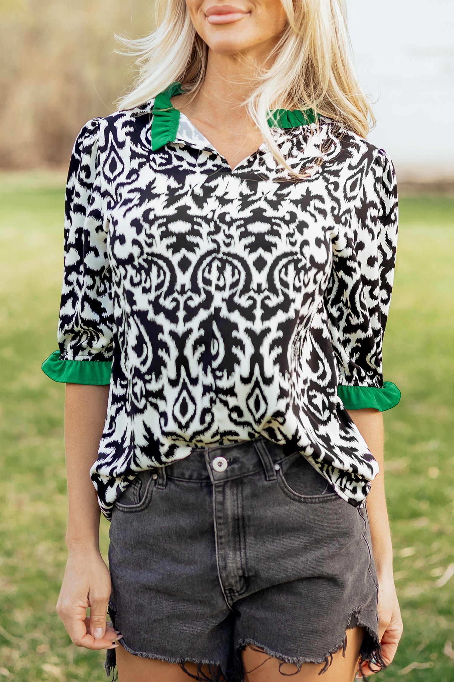Abstract Damask Colorblock Ruffle 3/4 Sleeve Blouse