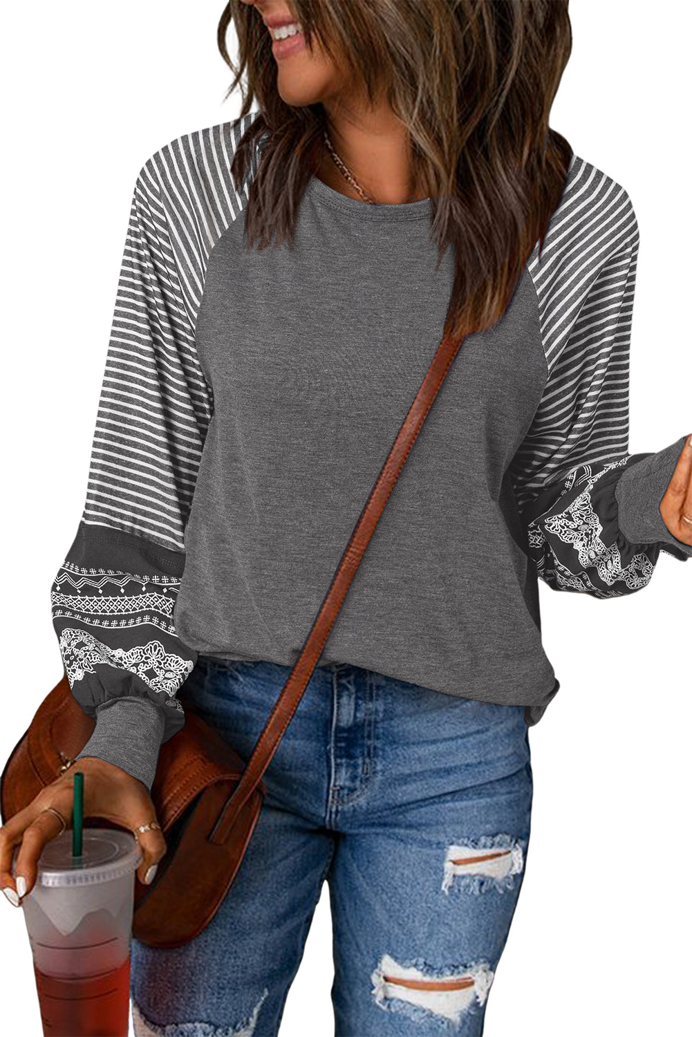 Tillandsia Purple Contrast Print Striped Raglan Long Sleeve Loose Top
