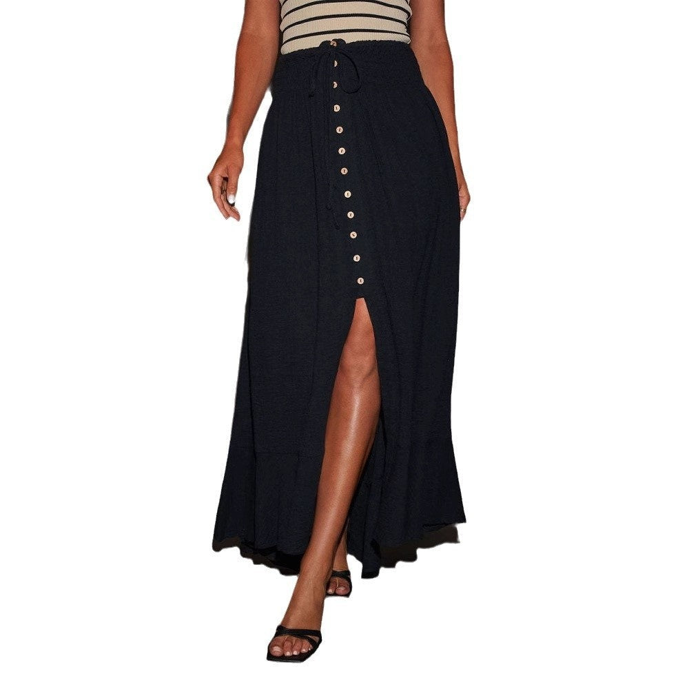 Women's Solid Color A-Line Maxi Skirt with Lace-Up Waist Detail