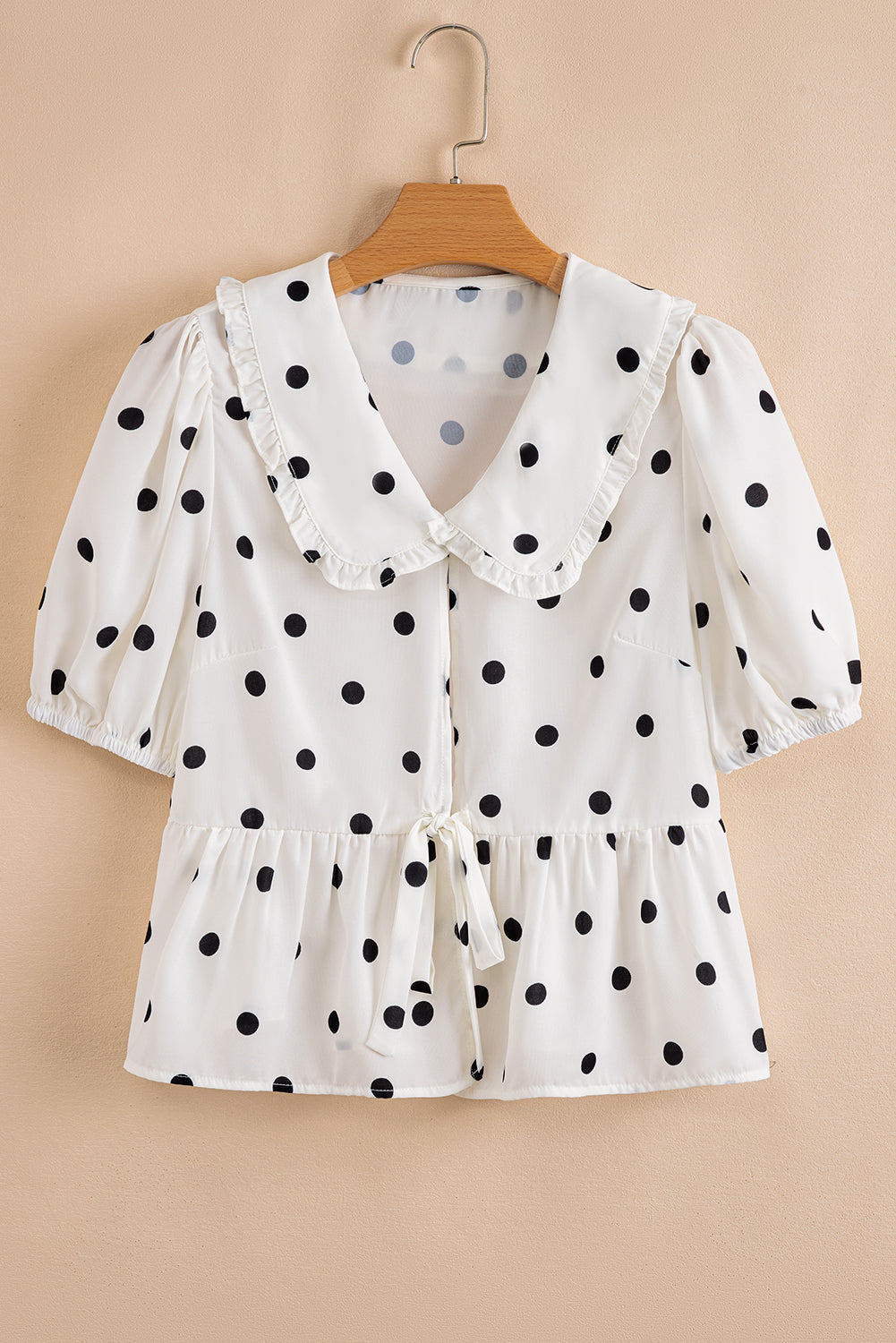 Polka Dot Collared Lace-Up Peplum Top
