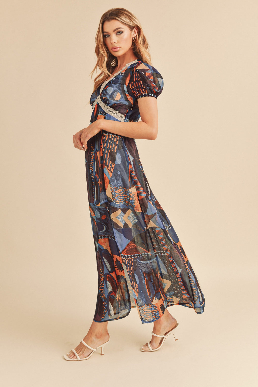 Geometric Print Maxi Dress with Lace Detail and Slit