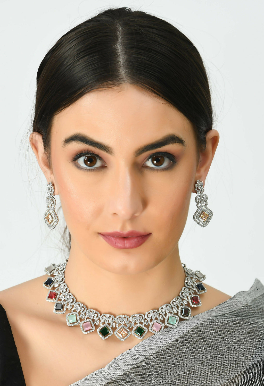 Multi-Color American Diamond Choker Necklace Set for Women