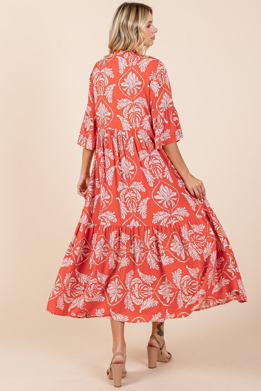 Abstract Leaf Print Tiered Ruffle Mini Dress