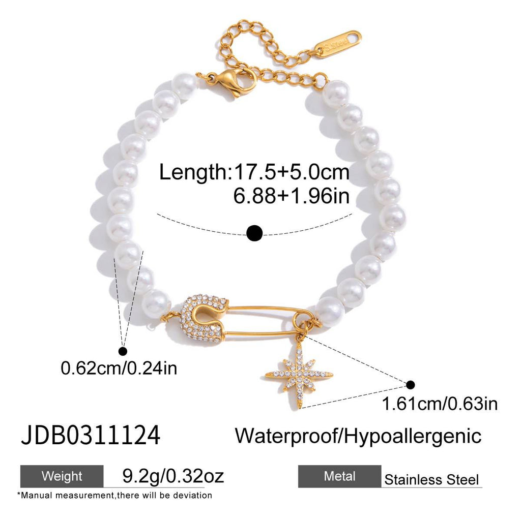 Gold Star and Pearl Charm Bracelet in Stainless Steel with Zircon