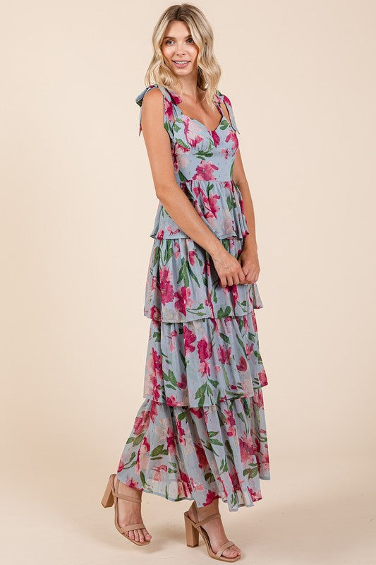 Layered Floral Sweetheart Neck Maxi Dress for Women