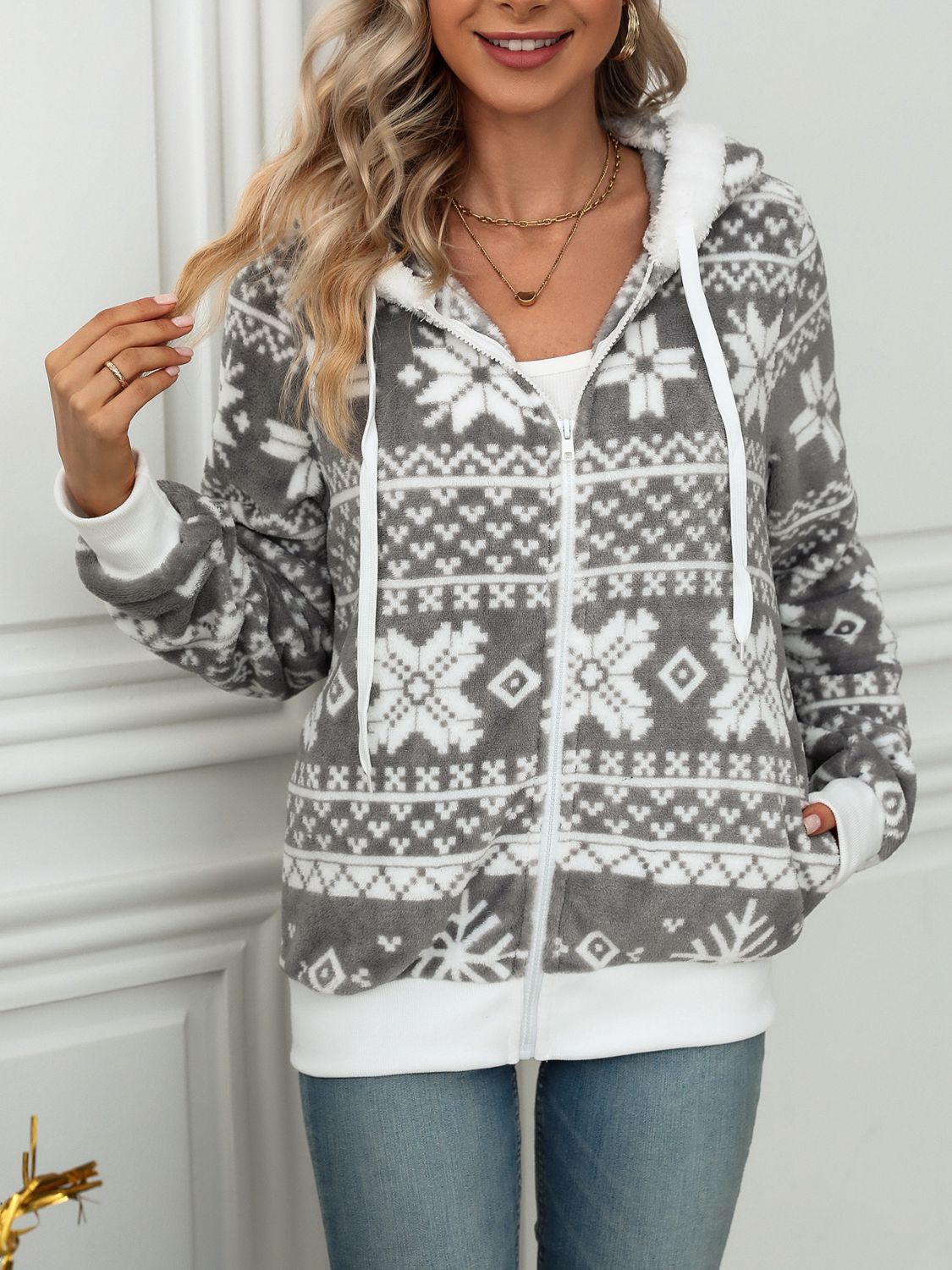 Drawstring Snowflake Zip Up Hooded Jacket | Polyester