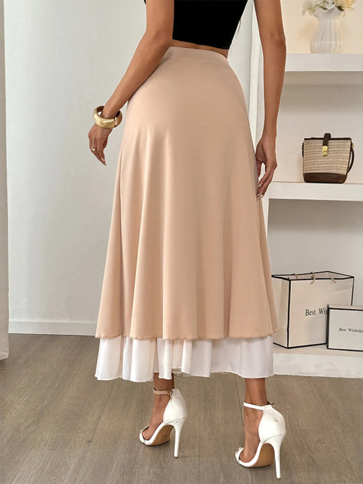 Layered Midi Skirt with Contrast Hem Detail