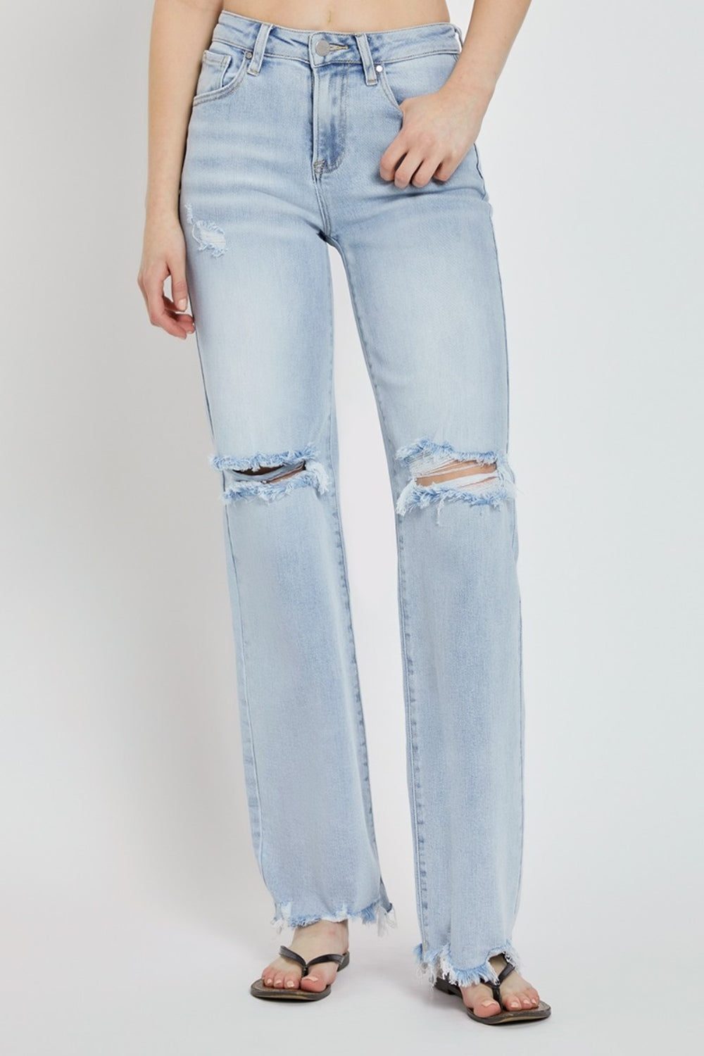 RISEN High Rise Distressed Wide Leg Jeans in Light Blue