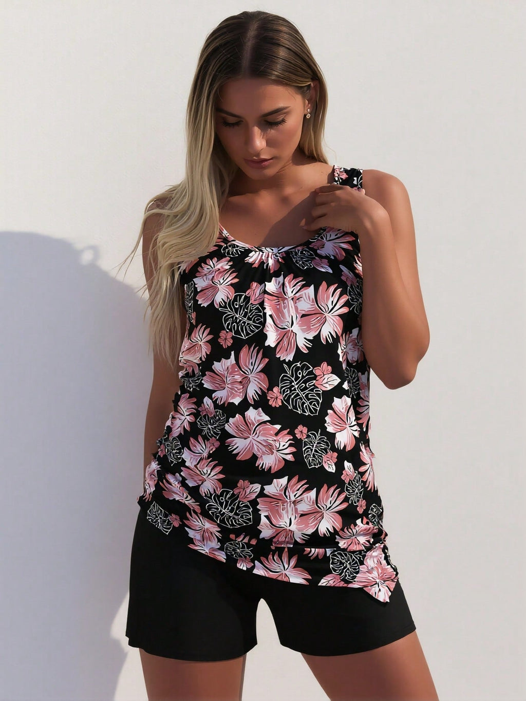 Black Tropical Floral Loose Tankini and Boyshort Swimwear Set