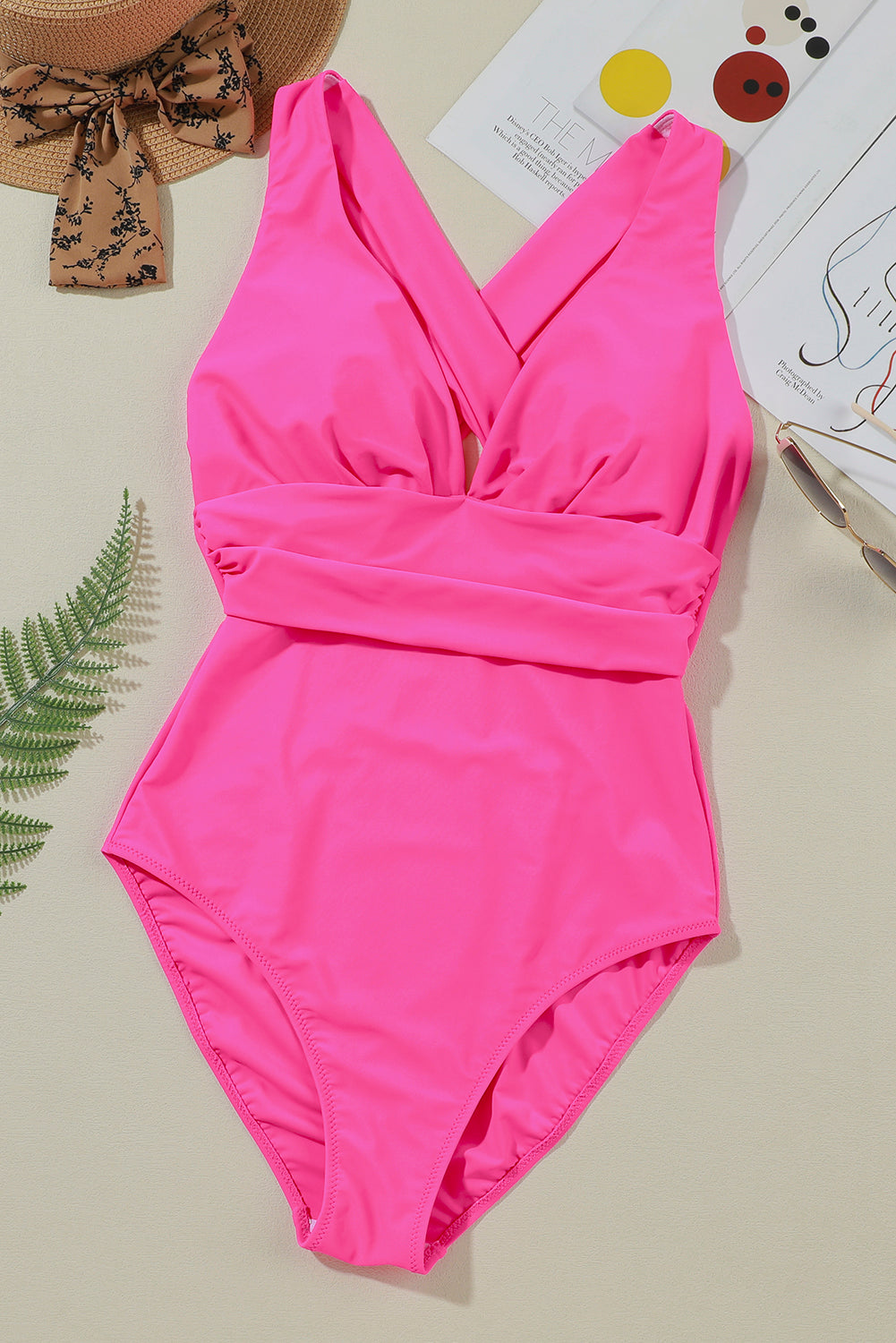 Crisscross Wide Strap One-Piece Swimsuit Hot Pink