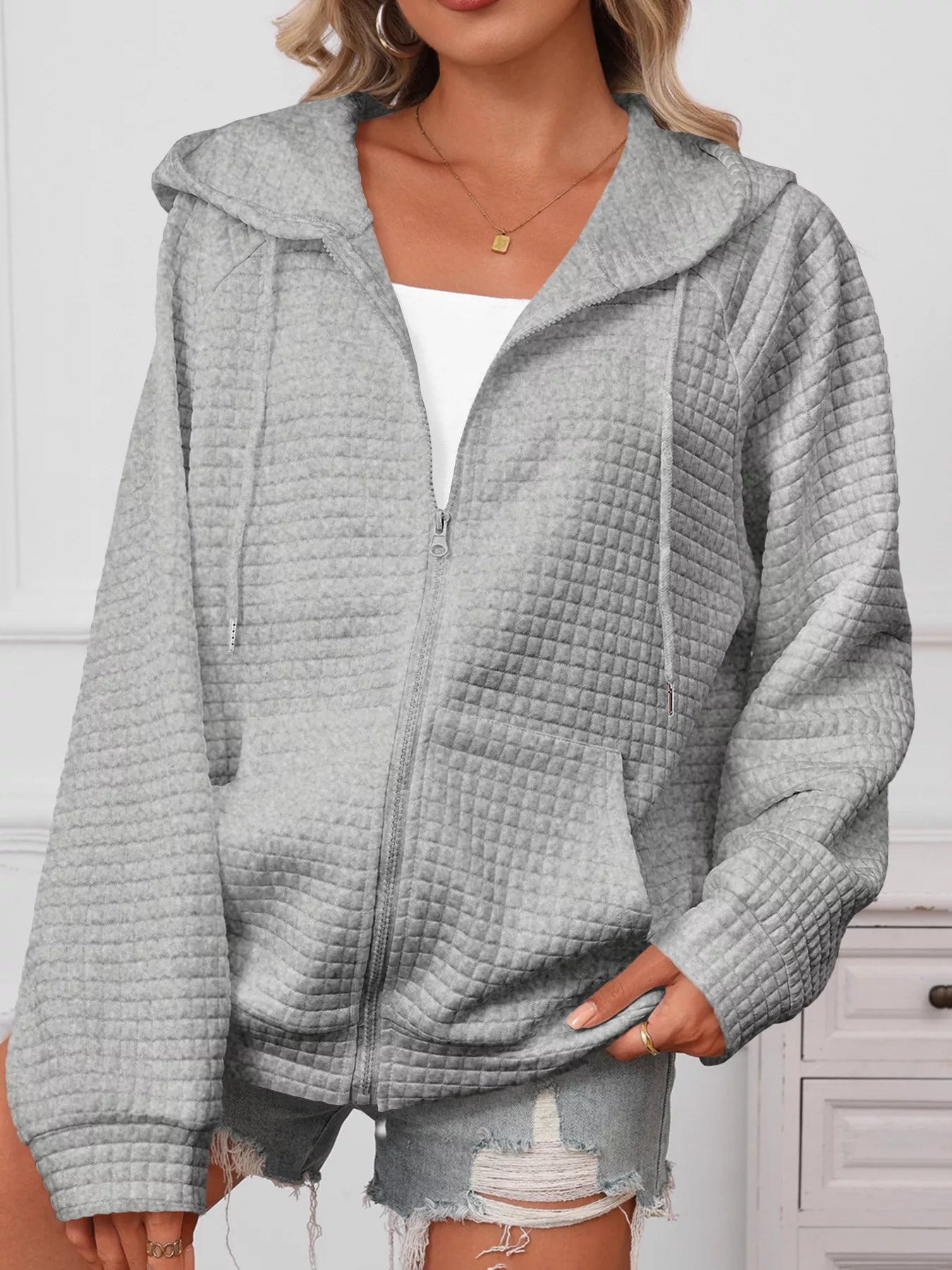 Full Size Textured Quilted Zip-Up Hooded Jacket Plus Size
