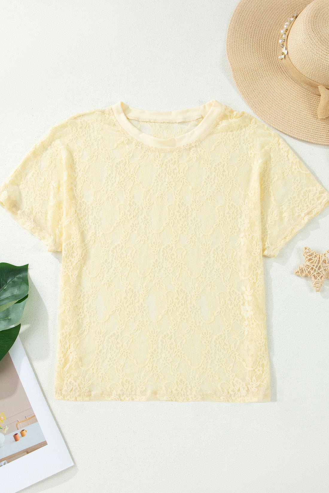 Solid Sheer Lace Short Sleeve Boxy Tee with Drop Shoulders