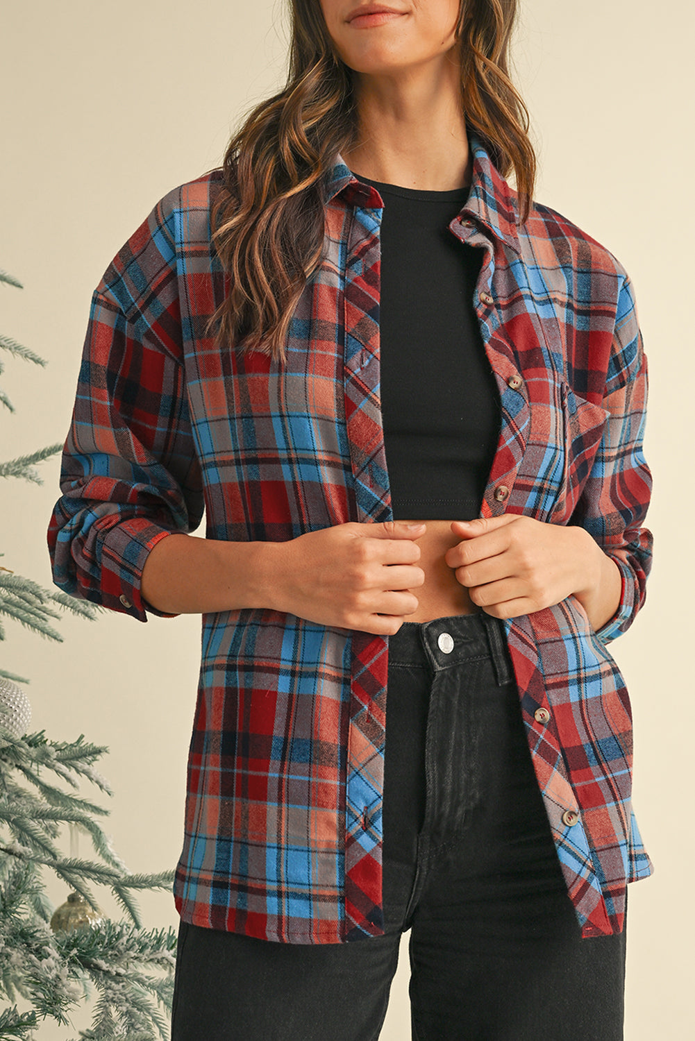Women's Red Plaid Print Drop Sleeve Loose Shirt Casual Top