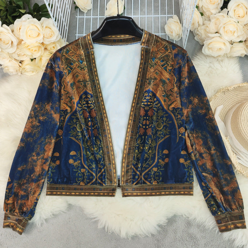 Women’s Retro Bohemian Velvet Cardigan - Geometric Loose Coat